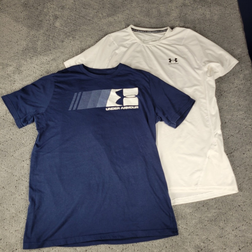 Under Armour Shirt Mens L Blue White Heatgear Short Sleeve Crew Neck Lot of 2
